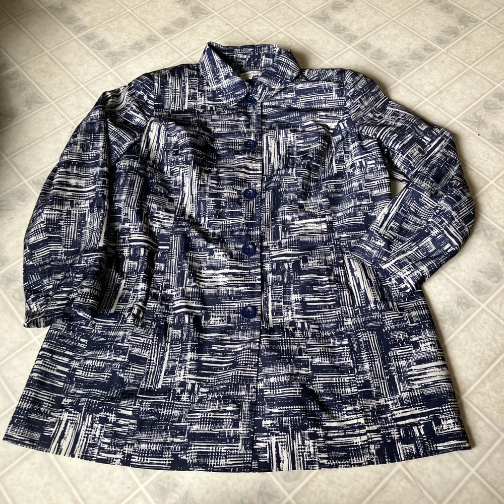Coldwater Creek‎ Abstract Print Rain Trench Coat Lined Size XL 16 Navy Pockets